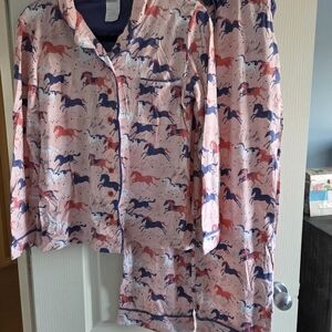 munki munki Kids Pajama Set with Horse Print in Pink and Blue